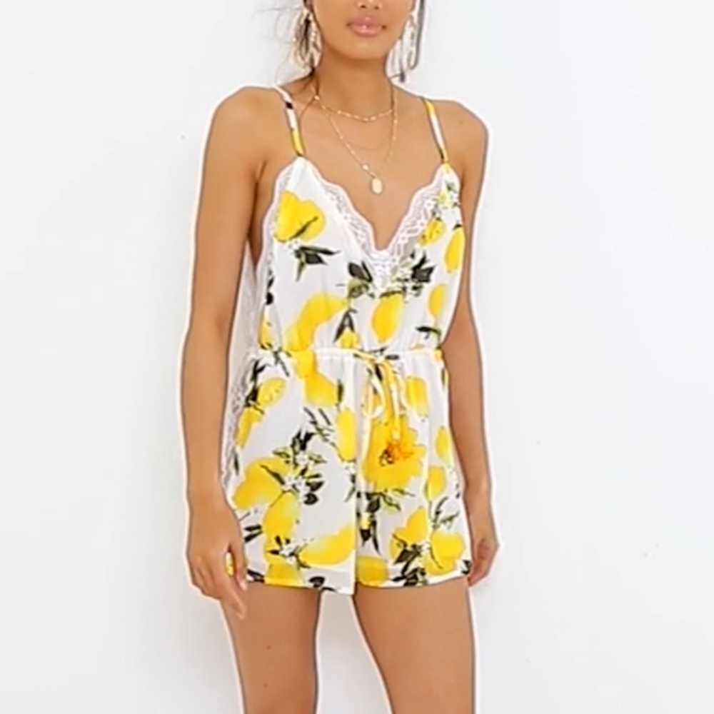PrettyLittleThing Lemon Chiffon Lace Insert Romper